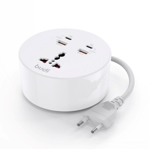 شارژر دیواری 36 وات بودی مدل Budi M8J308RE دو پین با دو خروجی USB، دو خروجی USB-C و یک خروجی برق شهری دارای کابل 1.5 متری با گارانتی 18 ماهه شرکتی (۶ ماه  تعویض)