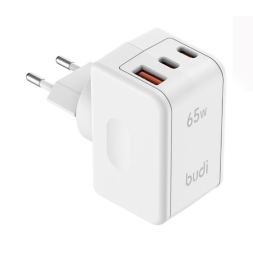 شارژر دیواری 65 وات بودی مدل Budi AC352EW با یک خروجی USB و دو خروجی USB-C و سری قابل چرخش با گارانتی ۱۸ ماهه شرکتی (۶ ماه تعویض)