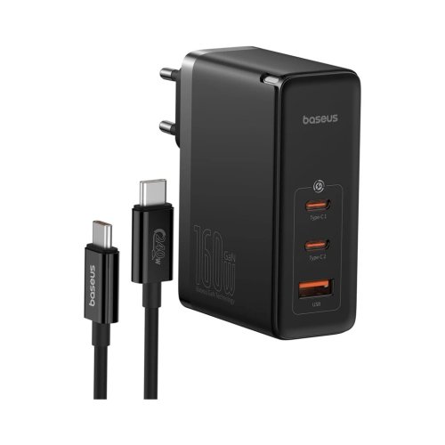 شارژر دیواری فست 160 وات باسئوس مدل Baseus GaN5 Pro با 2 خروجی USB-C و 1 خروجی USB به همراه کابل USB-C با گارانتی 24 ماهه شرکتی