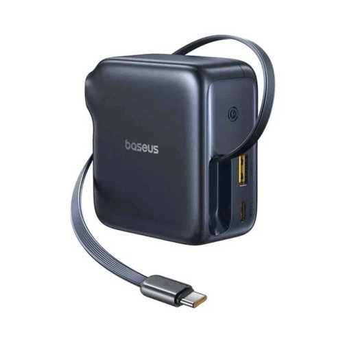 شارژر دیواری فست 100 وات باسئوس مدل Baseus EnerCore CJ11 دوپین با 2 خروجی USB-C و 1 خروجی USB به همراه کابل جمع شونده با گارانتی 24 ماهه شرکتی