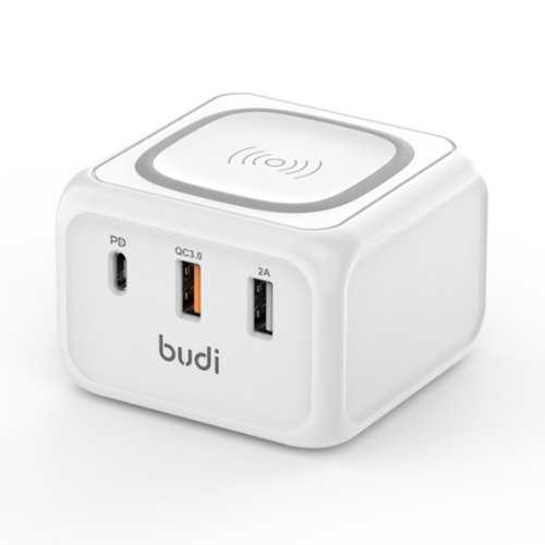شارژر دیواری 36 وات بودی مدل Budi M8J317WE دو پین با دو خروجی USB، یک خروجی USB-C و  یک خروجی شارژ بی سیم با گارانتی ۱۸ ماهه شرکتی (۶ ماه تعویض)
