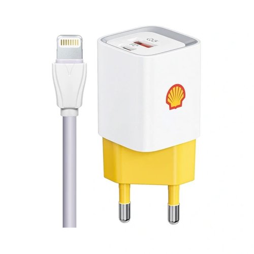 شارژر دیواری 20 وات شل مدل Shell SWC14CL با 1 خروجی USB-C و 1 خروجی USB به همراه کابل لایتنینگ با گارانتی 18 ماهه شرکتی