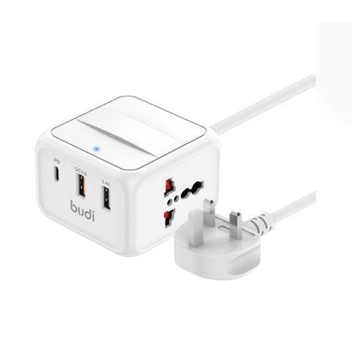 شارژر دیواری 18 وات بودی مدل Budi M8J311TCUW سه پین با دو خروجی USB، یک خروجی USB-C و یک خروجی برق شهری دارای کابل به طول 1.5 متر با گارانتی 18 ماهه شرکتی (6 ماه تعویض)