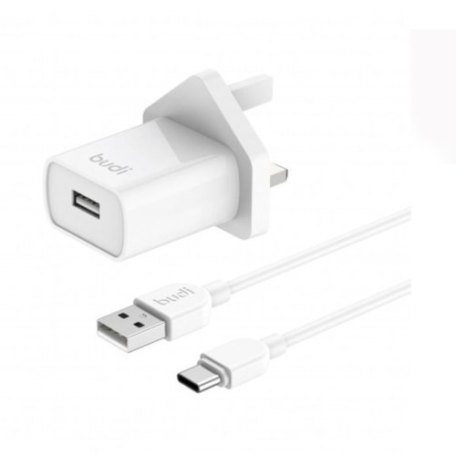 شارژر دیواری 12 وات بودی مدل Budi AC356UTW سه پین با یک خروجی USB به همراه کابل USB به USB-C به طول 1 متر با گارانتی 18 ماهه شرکتی (6 ماه تعویض)